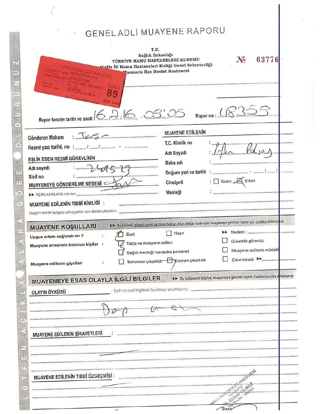 İrfan Paksoy Genel Adli Muayene Raporu — ilk sayfa